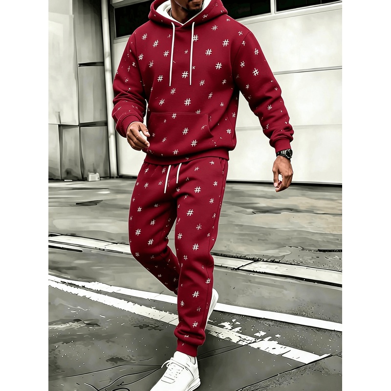 Wine & Beer Packages - Heren Wijnrood Hashtag-symbool Print Hoodie 2-delige